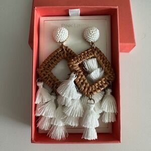Pink Linen Women's Boho Woven White Tassel Earrings‎